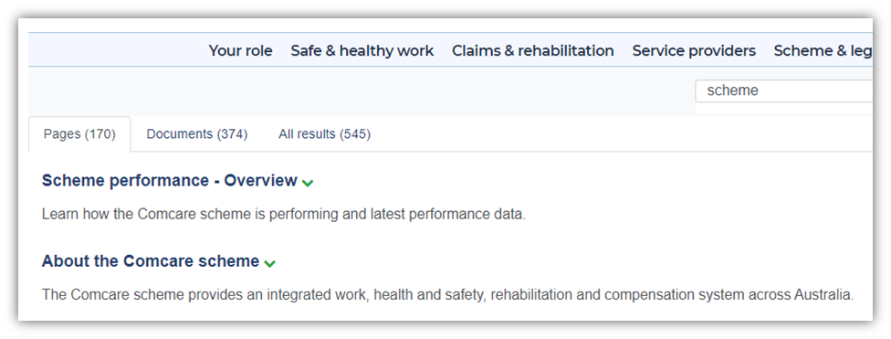 Comcare website site search results page